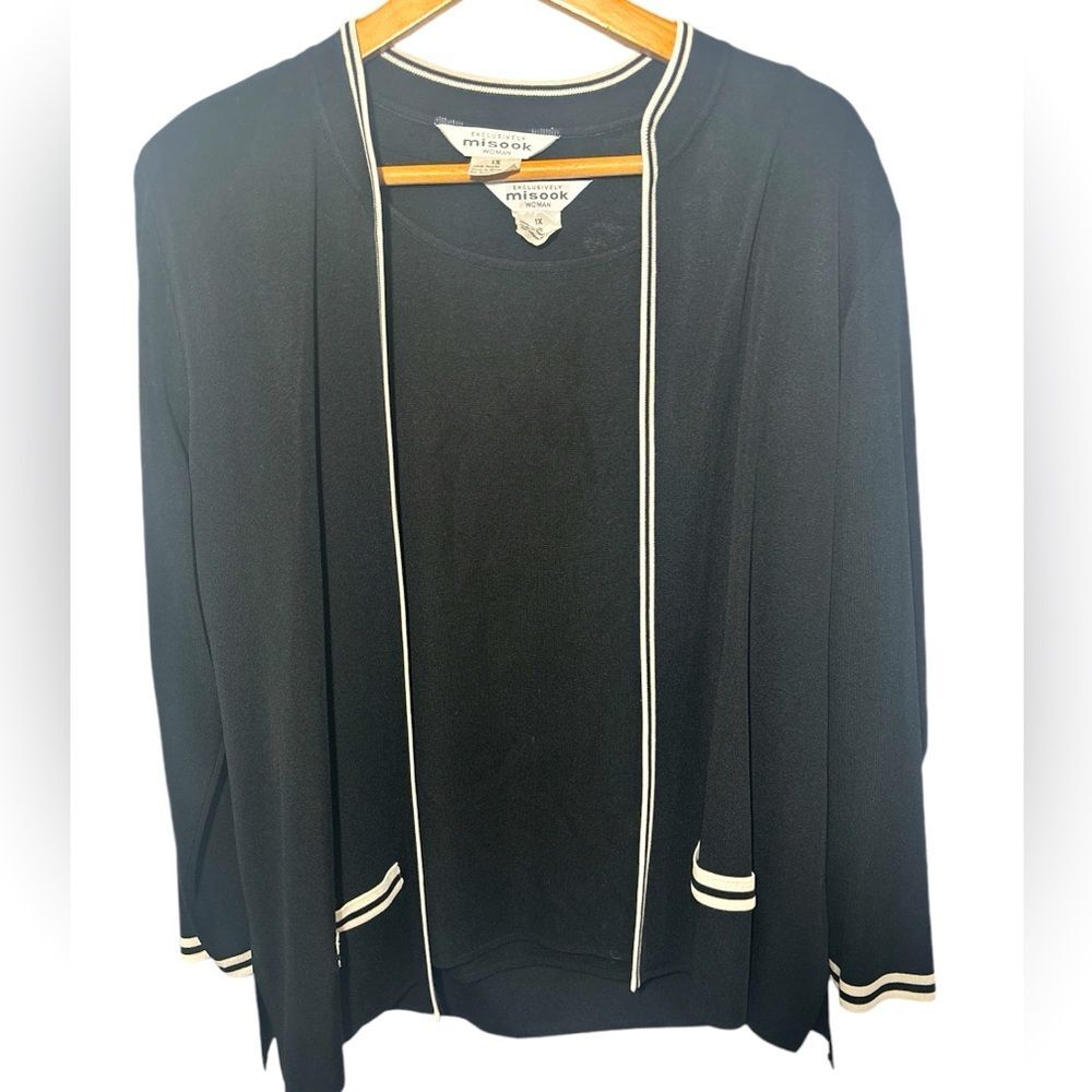 Misook classic Black White Trim Open Front Cardigan Set Womens 1X Office Staple